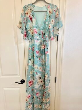 Hummingbird Aqua Floral Maxi Dress with Pink and Cream Blooms